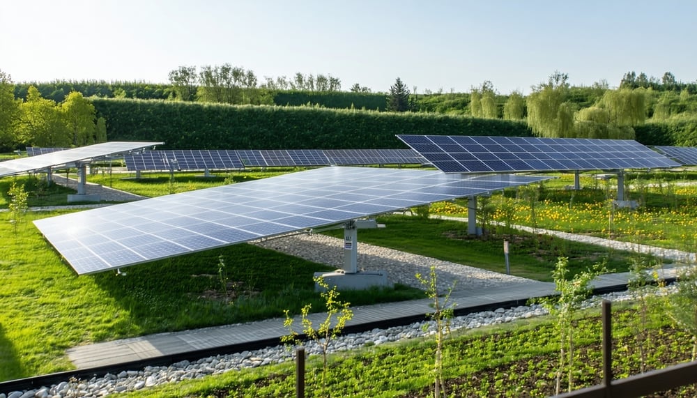 Sustainable leisure park with solar panels and green spaces Sustainable leisure park with solar panels and green spaces